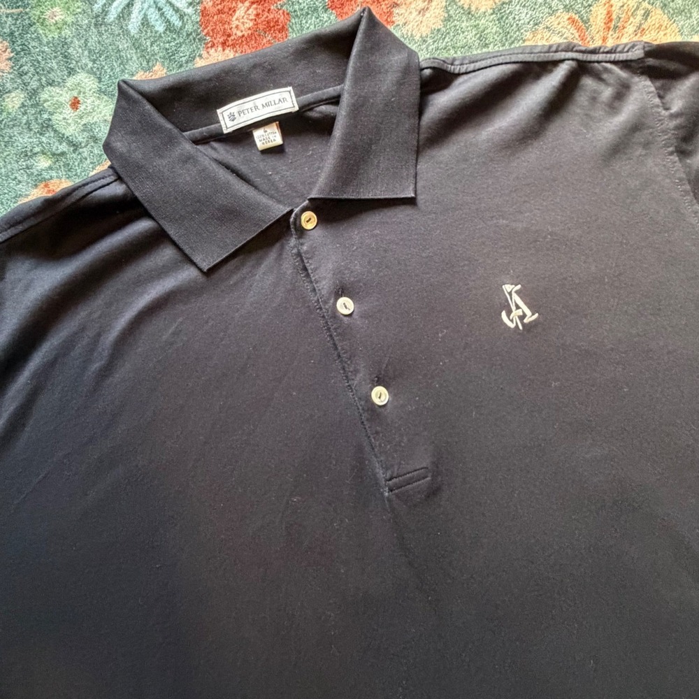 Peter Millar Mens Large Black 100% Cotton Short Sleeve Golf Polo Shirt Logo L